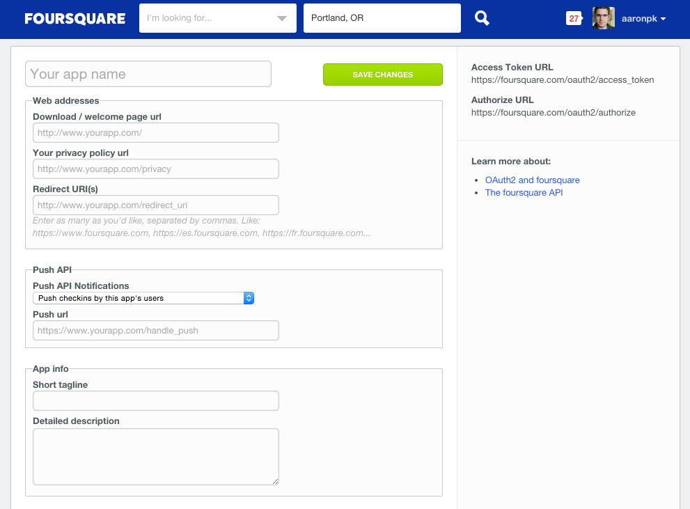 Creating a new application on Foursquare