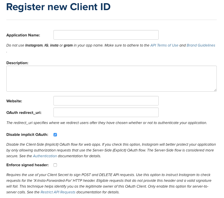 Creating a new application on Instagram